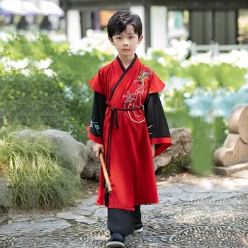 Детский Красный костюм Династии Тан с вышивкой Hanfu для мальчиков в китайском стиле, Древний костюм, традиционная детская одежда для сцены