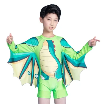 Детский купальник, цельный детский солнцезащитный крем с длинными рукавами для мальчиков, быстросохнущий купальник для мальчиков, милый купальник с динозавром из мультфильма