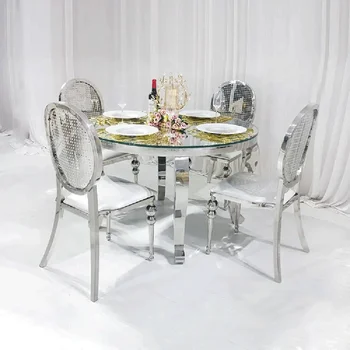 Дешевый современный круглый стол, 4-местный Обеденный стол с зеркальным стеклом из нержавеющей стали и серебра