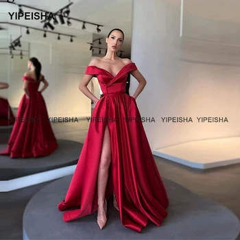 Длинное Вечернее платье Yipeisha с открытыми плечами, Красным Разрезом по бокам, Длиной до пола, на пуговицах, Вечернее платье для выпускного вечера, Атласное Банкетное платье