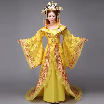 Древнее китайское дворцовое платье восточной королевы Hanfu Women Gold Tang Stage включает головной убор