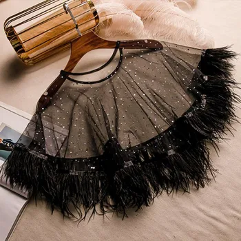 Женская весенне-летняя одежда с бриллиантами, расшитая бисером, сетка из черных перьев, Солнцезащитная сетка, белая кружевная шаль, плащ
