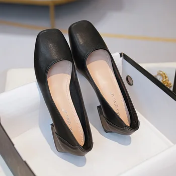 Женская обувь из натуральной кожи, Профессиональная черная рабочая обувь на толстом каблуке, Удобная женская обувь больших размеров 40-43