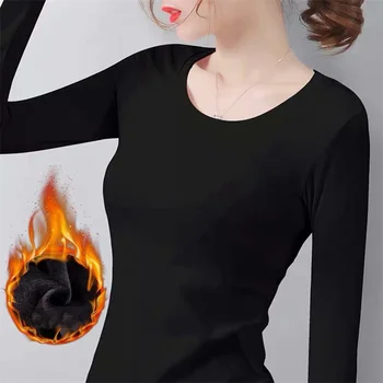 Женская осенне-зимняя нижняя рубашка с постоянной температурой Плюс бархатная футболка с длинными рукавами, тонкий бархатный топ из теплого волокна
