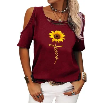 Женская повседневная летняя футболка с принтом подсолнуха и открытыми плечами, футболка для девочек 2022, свободный топ, футболка