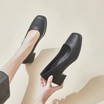 Женская профессиональная рабочая обувь на толстом каблуке с квадратным носком, черная женская обувь на среднем каблуке 4 см, официальная женская обувь