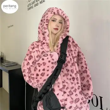 Женская Розовая Леопардовая куртка из искусственного Меха, плюшевое пальто с капюшоном, негабаритная толстовка с капюшоном и животным принтом
