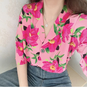 Женская рубашка 2023 Новая Рубашка С принтом в виде цветка персика, Винтажный костюм, Шелковая рубашка с коротким рукавом