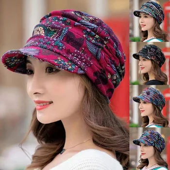 Женская теплая складная ушанка с полями, женская кепка в этническом стиле с цветочным принтом, осень-зима, Повседневная одежда