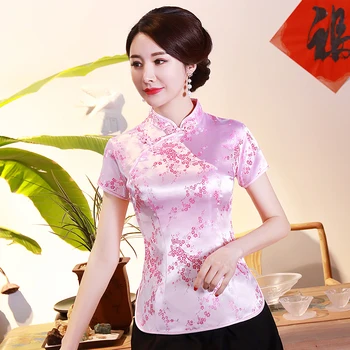 Женская Традиционная рубашка в Восточном стиле, Летняя Новая Китайская Блузка из искусственного шелка с цветочным Рисунком, большие РАЗМЕРЫ 3XL 4XL, Розовые Элегантные топы, одежда Эпохи Тан