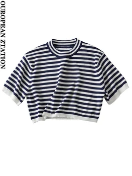 Женская укороченная трикотажная футболка с пайетками 2023, модная футболка в полоску, винтажные топы с круглым вырезом и коротким рукавом, футболки, шикарная одежда