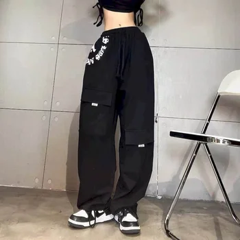 Женские брюки, черные брюки-карго в стиле хип-хоп с карманами, спортивные брюки, Женские повседневные брюки в стиле джаз, Корейская мода, Уличная женская одежда