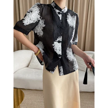 Женские рубашки в китайском стиле с объемной вышивкой в стиле Ретро, Летние топы с короткими рукавами и пряжкой, прямые черные блузки