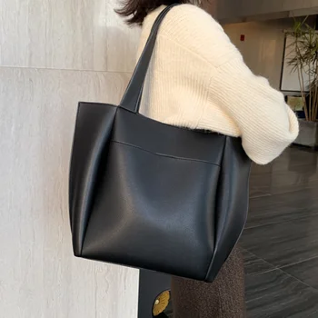 Женские сумки Большой емкости с верхней ручкой, Высококачественные однотонные сумки-шопперы из искусственной кожи на плечо для женщин, Дизайнерский мешок, Основной