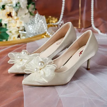 Женские Туфли-лодочки на высоком каблуке с шелковым бантом-бабочкой, Пикантные свадебные туфли на металлической шпильке с острым носком, Женская весенняя мода 2022 года
