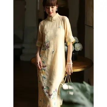 Женские элегантные Свободные платья средней длины Ципао в китайском стиле с цветочной вышивкой, с короткими рукавами-Чонсам