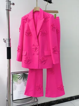 Женский костюм, весенняя куртка с воротником, пальто с длинными рукавами, модные расклешенные брюки, комплект с цветами, 2 шт. в наличии