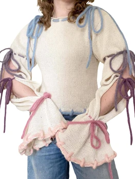 Женский приталенный вязаный свитер в стиле пэчворк, пуловеры с расклешенными длинными рукавами и вырезом в стиле пэчворк, топы Y2k