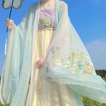 Женское платье Hanfu с Древней китайской вышивкой, комплекты Hanfu, Женский костюм Феи для Косплея, Летнее танцевальное платье Hanfu, Зеленый праздничный наряд