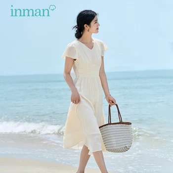 Женское платье INMAN 2023, Летний Дизайн, Короткие рукава, V-образный вырез, А-образная Форма, Тонкая талия, Плиссированный Дизайн, Элегантная юбка абрикосового цвета в стиле Ретро