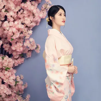 Женское традиционное японское кимоно, платье для фотосъемки, костюм для косплея розового цвета с цветочным принтом, Винтажная одежда, Летняя Юката