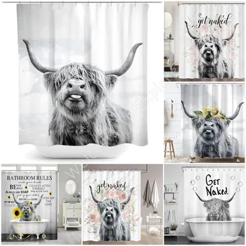 Занавеска для душа с изображением горной коровы и забавного быка, забавный милый портрет дикой природы в западном стиле, занавески для ванной из водонепроницаемой полиэфирной ткани