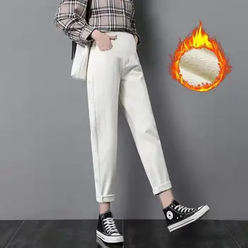 Зимние Белые Черные Прямые джинсы для беременных женщин Для зимних теплых джинсов для беременных с широкими штанинами и узкими обтягивающими ботинками