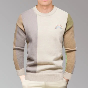 Зимний Высококачественный трендовый мужской свитер с круглым вырезом и длинными рукавами, блокирующий цвет, Удобный и теплый Простой повседневный топ