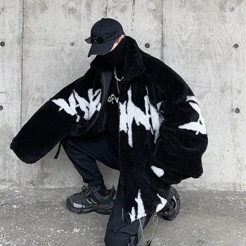 Зимняя Новая куртка из овечьей шерсти Harajuku, Модная повседневная куртка Оверсайз, Мужские утепленные теплые парки в стиле хип-хоп, свободное пальто
