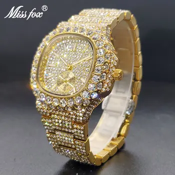 Золотые Мужские часы Класса Люкс Big AAA Cuban Zircon в стиле Хип-Хоп, Стильные Кварцевые Часы Для Мужчин С Квадратным двойным Циферблатом, с Квадратным Циферблатом