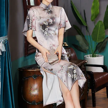 Китайские Женские платья Cheongsam с коротким рукавом, Сексуальные Платья с воротником-стойкой, Элегантное платье Ципао с цветочным Принтом, Вечернее платье с цветочным Рисунком
