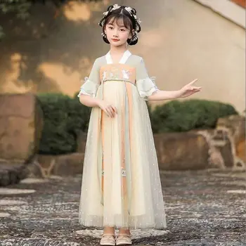 Китайское платье Hanfu, костюм для девочек, детский желтый костюм феи с коротким рукавом, танцевальный летний костюм Hanfu для девочек