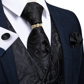 Классический Черный Свадебный жилет для мужчин, Шелковый костюм, жилет, галстук, кольцо, Запонки, Набор носовых платков для вечеринки, Вечернее платье, деловой повседневный жилет