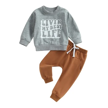 Комплект штанов для маленьких мальчиков, Толстовка с круглым вырезом и длинными рукавами и буквенным принтом, спортивные штаны с эластичной резинкой на талии, Одежда для младенцев