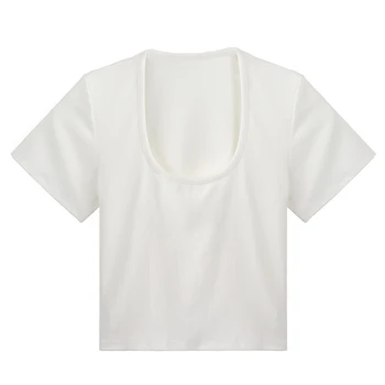 Короткая футболка с обтягивающим U-образным вырезом, женская летняя черная рубашка с внутренним низом, приталенный белый топ с короткими рукавами
