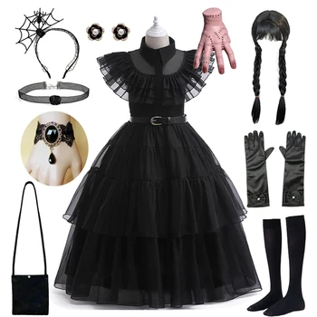 Костюм для девочек в среду на Карнавал, Хэллоуин, черное платье для Косплея, Детская одежда для вечеринок, Модное готическое платье от 3 до 12 лет