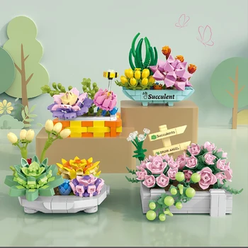 Креативные цветочные сочные строительные блоки в горшках, имитирующие цветы и растения, Бонсай, Украшение для дома, Мини собранные игрушки