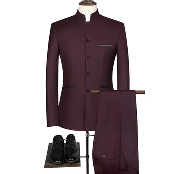 (Куртка + брюки) Новейший китайский стиль, воротник-стойка, 4 вида цветов, Костюм Жениха, Смокинги, Пальто, Дизайн брюк, Мужские Свадебные костюмы, Мужской приталенный крой