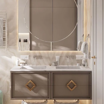 Легкая роскошная каменная плита, встроенный умывальник, Комбинация шкафов для ванной комнаты, Индивидуальный столик для мытья в стиле ретро, Умывальник для ванной комнаты, двойной