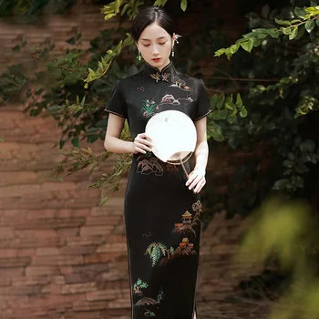 Летнее Китайское Традиционное платье Ципао, Женское Высококачественное Черное Платье с Цветочной Вышивкой, Тонкий Элегантный Чонсам, Вечернее платье для Банкета