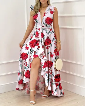 Летнее модное элегантное платье с цветочным рисунком, женское богемное платье с V-образным вырезом, без рукавов, с разрезом и рюшами, нерегулярное длинное платье, женское