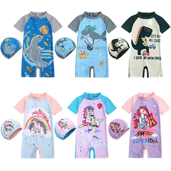 Летние детские купальники с рисунком Единорога, Дельфина, Акулы, динозавра, купальник для мальчиков и девочек, детская одежда для плавания 1-8 лет