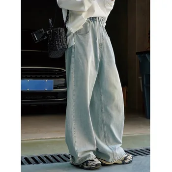 Летние Свободные широкие джинсы с завязками Женские Эластичные Повседневные брюки из чистого хлопка с высокой Талией Светло-голубые тонкие джинсовые брюки 2023