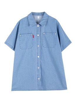 Летний Топ, рубашка с коротким рукавом в стиле ретро, рабочая одежда, Свободная джинсовая рубашка для женщин