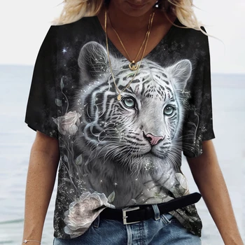 Летняя футболка с 3D принтом для женщин, женская одежда с животным рисунком, Дизайнерский повседневный пуловер, Футболки, Женская одежда большого размера с V-образным вырезом