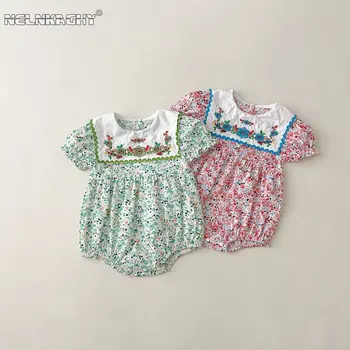 Летняя хлопковая одежда с короткими рукавами и вышивкой в виде цветка для новорожденных девочек, Детские комбинезоны с цветочным принтом, боди для малышей