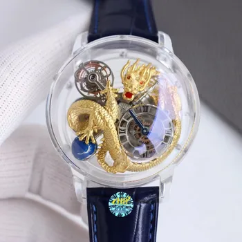 Лидирующий бренд, заводской механический механизм, мужские часы из натуральной кожи, высококачественная акриловая шкатулка для моделирования животных и драконов, кварцевые часы