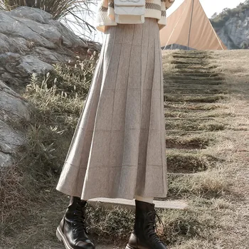 Лоскутная вязаная юбка Женская 2023 Осень-Зима, Трапециевидная юбка с высокой талией, Большой подол, Плиссированная юбка-зонтик средней длины, Женская