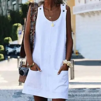 Мини-платье, однотонный женский повседневный пляжный сарафан с карманами и пуговицами