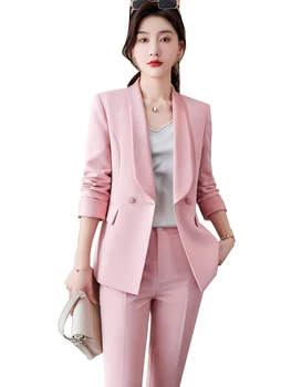 Модный женский Розовый Белый Черный строгий брючный костюм, пиджак и брюки, комплект из 2 предметов, Блейзер для офисных дам, зимняя рабочая одежда